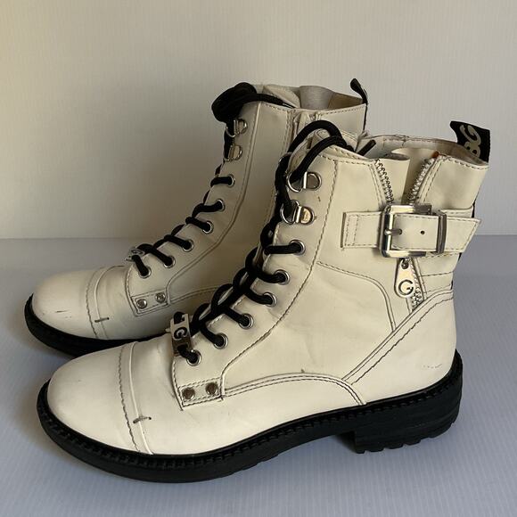 GBG Los Angeles Combat Boots White Size 5.5M Lace-Up Zip Botas Y2K Grunge - Picture 1 of 12
